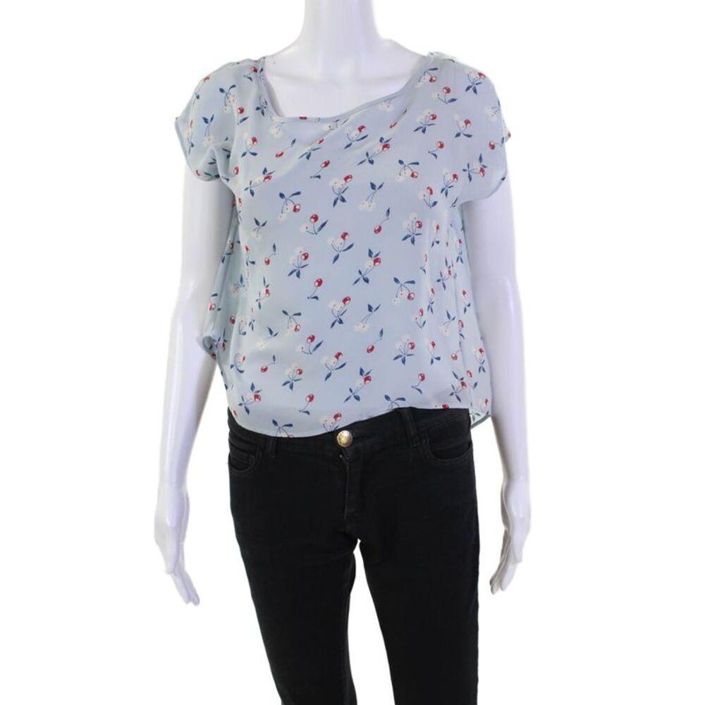 Poppy Womens Cap Sleeve Scoop Neck Silk Cherry Top Blue White Red Size Small